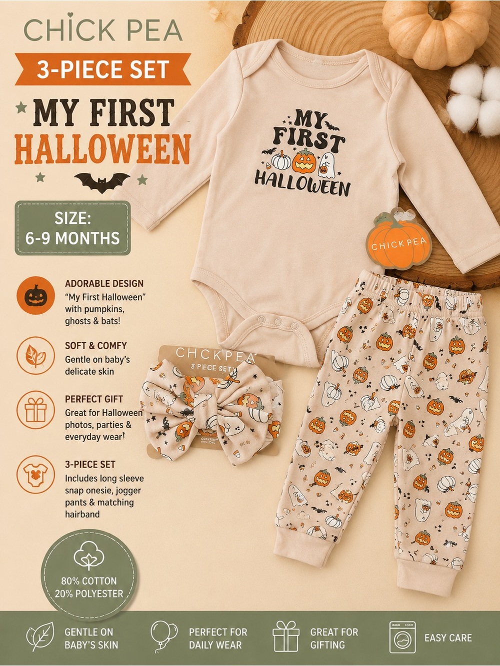 chick pea Cream Halloween 'My First' 3-Piece Outfit